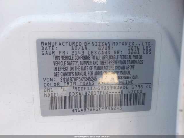 45095896 :رقم المزاد ، 3N1AB7AP5KY245245 vin ، 2019 Nissan Sentra S مزاد بيع