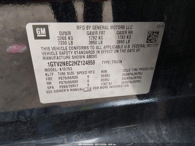 Aukcja sprzedaży 2017 Gmc Sierra 1500 Slt, vin: 1GTV2NEC2HZ124858, numer aukcji: 45095899
