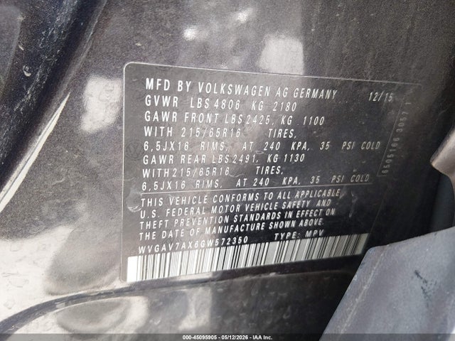 2016 Volkswagen Tiguan S მანქანა იყიდება აუქციონზე, vin: WVGAV7AX6GW572350, აუქციონის ნომერი: 45095905