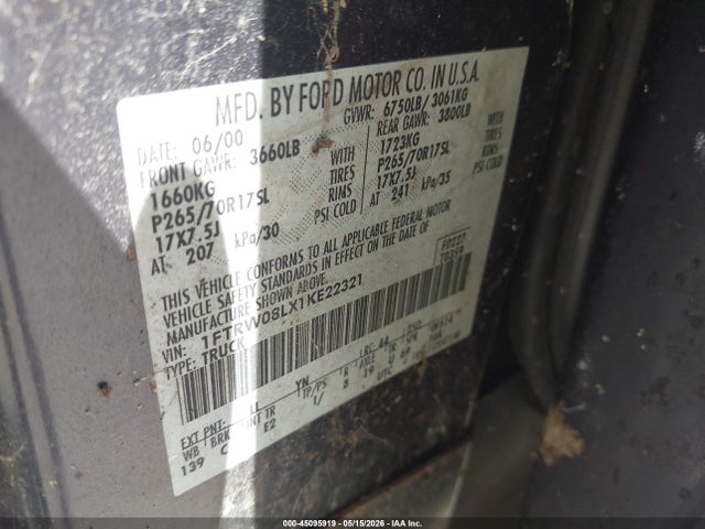 45095919 :رقم المزاد ، 1FTRW08LX1KE22321 vin ، 2001 Ford F-150 King Ranch Edition/lariat/xlt مزاد بيع
