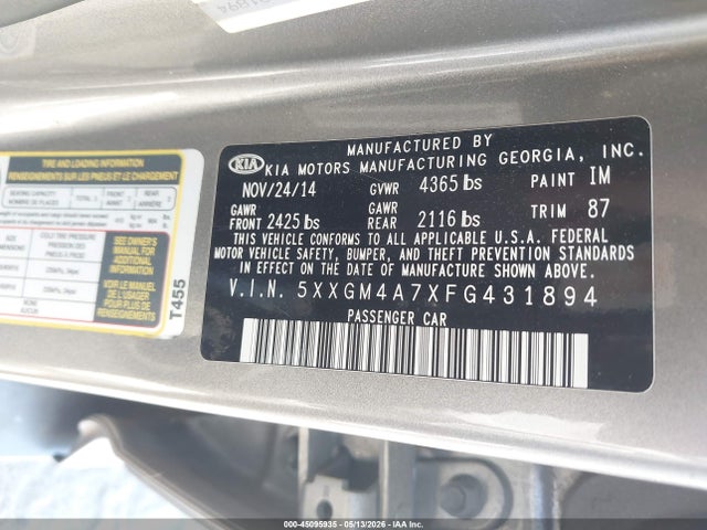 Aukcja sprzedaży 2015 Kia Optima Lx, vin: 5XXGM4A7XFG431894, numer aukcji: 45095935