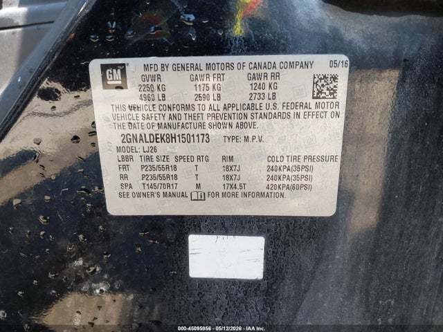 45095956 :رقم المزاد ، 2GNALDEK8H1501173 vin ، 2017 Chevrolet Equinox Premier مزاد بيع