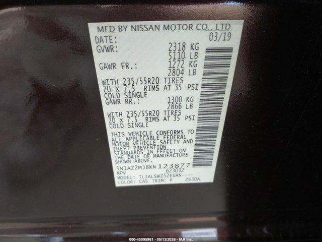 Nissan Murano Platinum 2019 5N1AZ2MJ8KN123877 Image 9