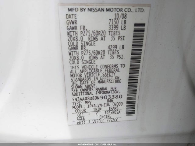 Продажа на аукционе авто 2009 Infiniti Qx56, vin: 5N3AA08D89N903380, номер лота: 45095963
