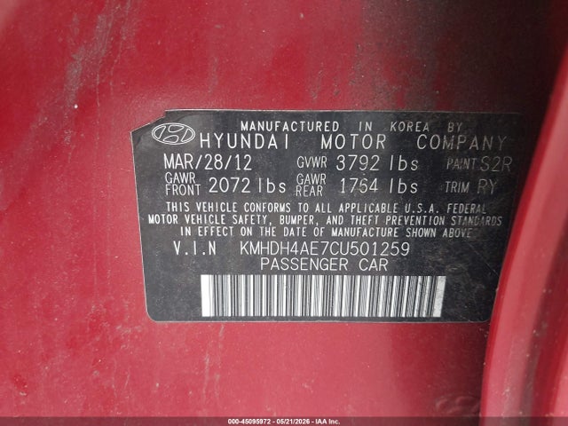 Продажа на аукционе авто 2012 Hyundai Elantra Limited (ulsan Plant), vin: KMHDH4AE7CU501259, номер лота: 45095972