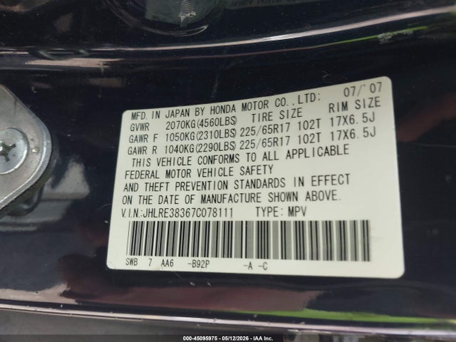 Aukcja sprzedaży 2007 Honda Cr-v Lx, vin: JHLRE38367C078111, numer aukcji: 45095975