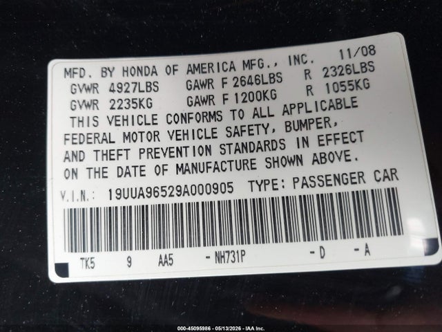 Aukcja sprzedaży 2009 Acura Tl 3.7, vin: 19UUA96529A000905, numer aukcji: 45095986