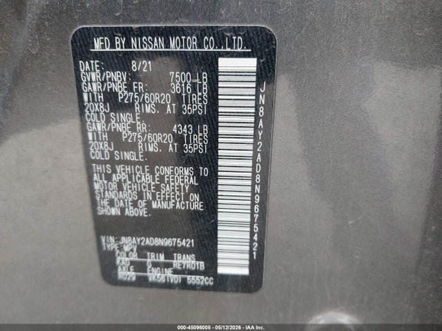 Aukcja sprzedaży 2022 Nissan Armada Sv 4wd, vin: JN8AY2AD8N9675421, numer aukcji: 45096005