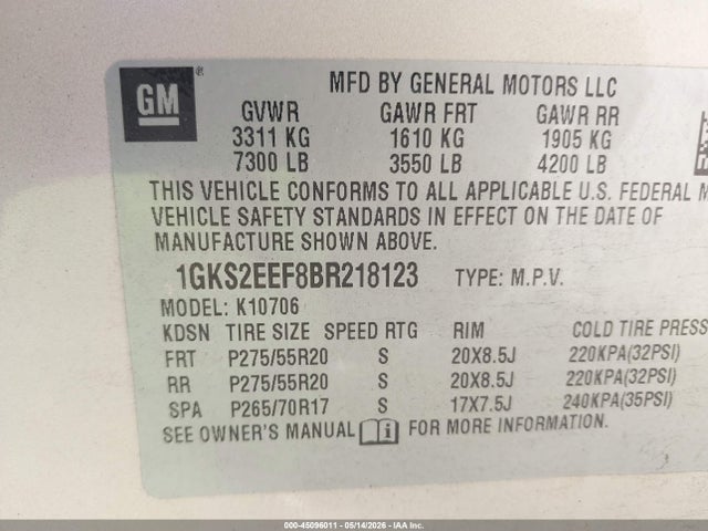 45096011 :رقم المزاد ، 1GKS2EEF8BR218123 vin ، 2011 Gmc Yukon Denali مزاد بيع