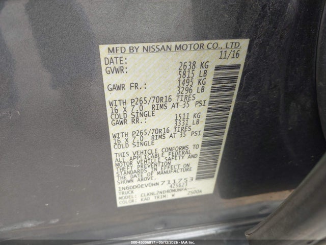 2017 Nissan Frontier Sv მანქანა იყიდება აუქციონზე, vin: 1N6DD0EV0HN711753, აუქციონის ნომერი: 45096017