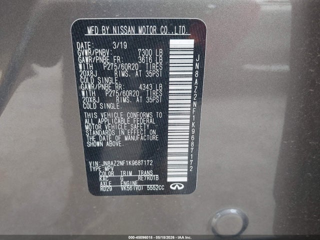 Продажа на аукционе авто 2019 Infiniti Qx80 Luxe, vin: JN8AZ2NF1K9687172, номер лота: 45096018
