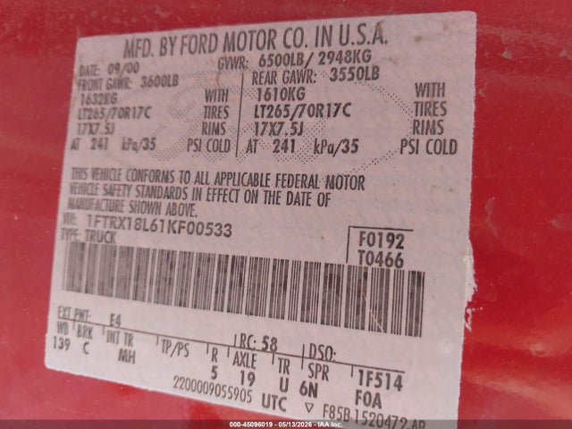 Продажа на аукционе авто 2001 Ford F-150 Lariat/xl/xlt, vin: 1FTRX18L61KF00533, номер лота: 45096019