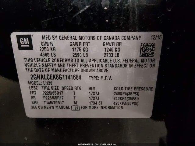 45096022 :رقم المزاد ، 2GNALCEK6G1141684 vin ، 2016 Chevrolet Equinox Lt مزاد بيع