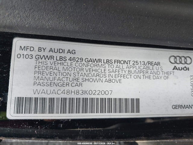 45096036 :رقم المزاد ، WAUAC48H83K022007 vin ، 2003 Audi A4 1.8t مزاد بيع