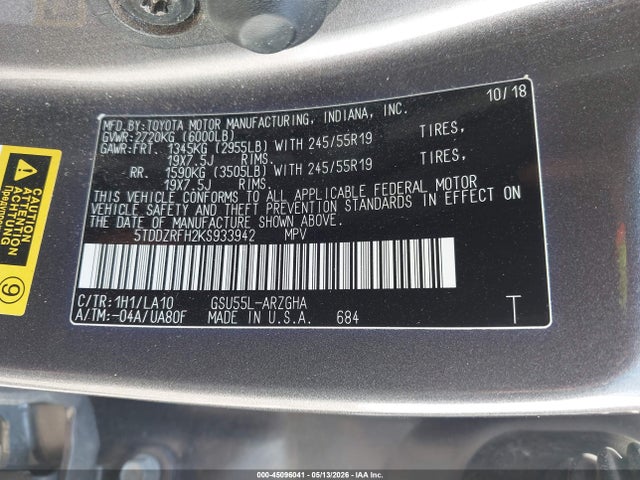 45096041 :رقم المزاد ، 5TDDZRFH2KS933942 vin ، 2019 Toyota Highlander Limited Platinum مزاد بيع