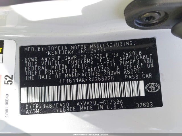 2024 Toyota Camry Se მანქანა იყიდება აუქციონზე, vin: 4T1G11AK7RU266036, აუქციონის ნომერი: 45096046