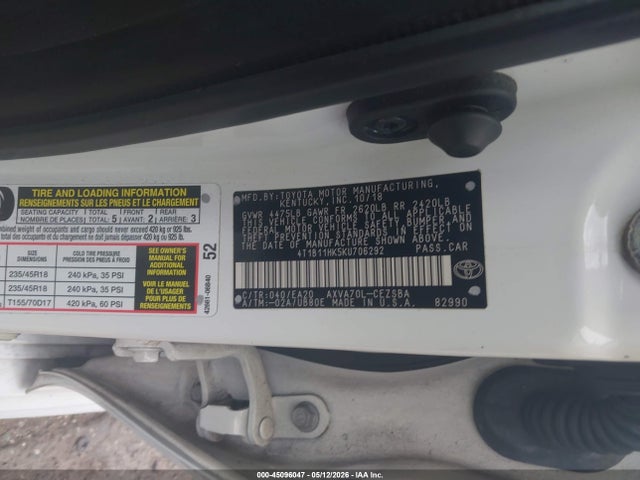 2019 Toyota Camry Se მანქანა იყიდება აუქციონზე, vin: 4T1B11HK5KU706292, აუქციონის ნომერი: 45096047