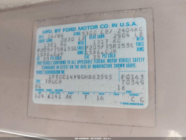 Продажа на аукционе авто 1986 Ford Econoline E150 Van, vin: 1FTDE14Y9GHB83595, номер лота: 45096049