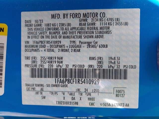 Aukcja sprzedaży 2024 Ford Mustang Gt Premium Fastback, vin: 1FA6P8CF1R5410929, numer aukcji: 45096054