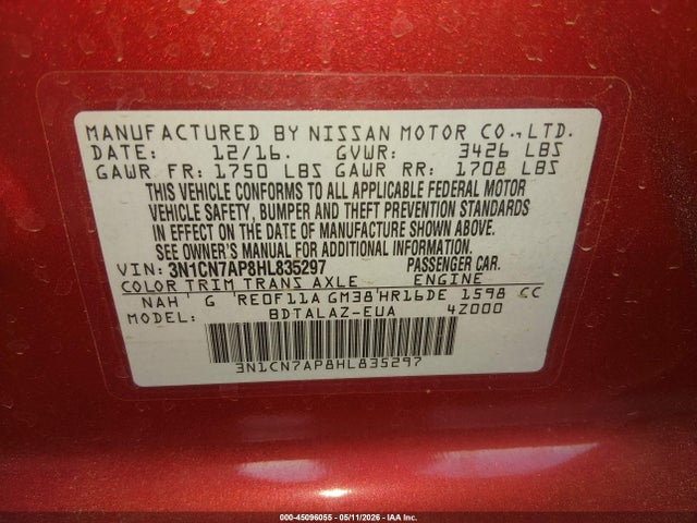 3N1CN7AP8HL835297 Nissan Versa 1.6 S+