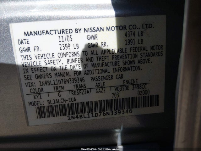Продаж на аукціоні авто 2006 Nissan Altima 3.5 Se, vin: 1N4BL11D76N339346, номер лоту: 45096056