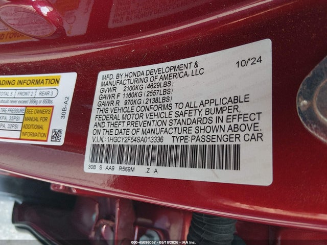 Aukcja sprzedaży 2025 Honda Accord Hybrid Sport, vin: 1HGCY2F54SA013336, numer aukcji: 45096057
