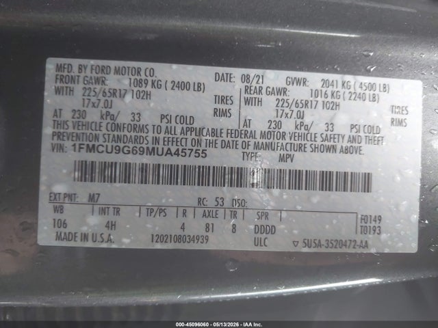 45096060 :رقم المزاد ، 1FMCU9G69MUA45755 vin ، 2021 Ford Escape Se مزاد بيع