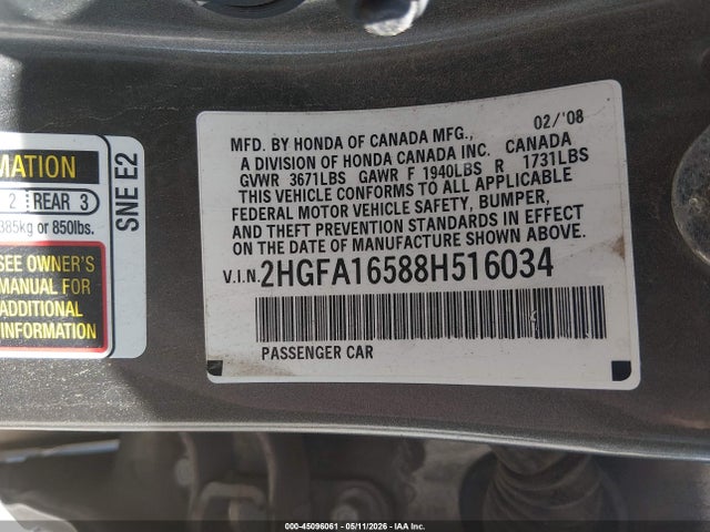 Продажа на аукционе авто 2008 Honda Civic Lx, vin: 2HGFA16588H516034, номер лота: 45096061