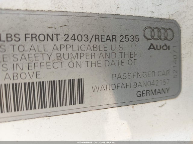 2010 Audi A4 2.0t Premium მანქანა იყიდება აუქციონზე, vin: WAUDFAFL9AN042157, აუქციონის ნომერი: 45096066