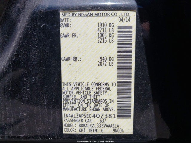 Aukcja sprzedaży 2014 Nissan Altima 2.5 S, vin: 1N4AL3AP5EC407381, numer aukcji: 45096073