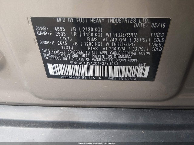 45096074 :رقم المزاد ، 4S4BSACC4F3341063 vin ، 2015 Subaru Outback 2.5i Premium مزاد بيع