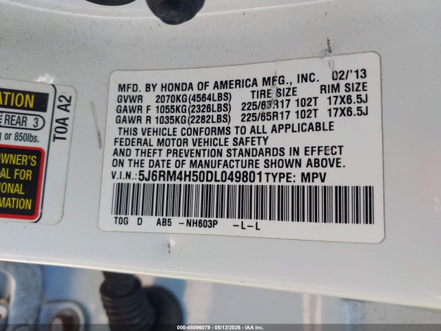 Aukcja sprzedaży 2013 Honda Cr-v Ex, vin: 5J6RM4H50DL049801, numer aukcji: 45096079
