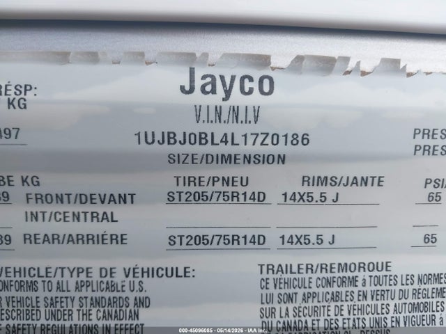 Продажа на аукционе авто 2020 Jayco Jay Flight Slx M-174 Bh, vin: 1UJBJ0BL4L17Z0186, номер лота: 45096085