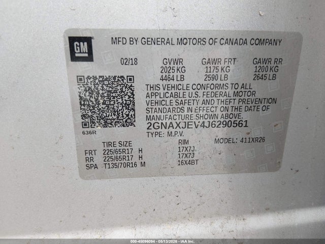 Продаж на аукціоні авто 2018 Chevrolet Equinox Lt, vin: 2GNAXJEV4J6290561, номер лоту: 45096094