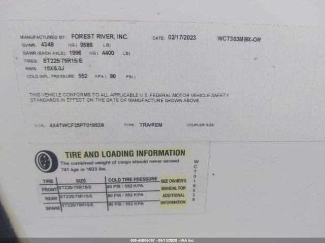 Продаж на аукціоні авто 2023 Forest River Wildcat, vin: 4X4TWCF25PT019538, номер лоту: 45096097
