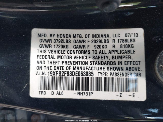 Продаж на аукціоні авто 2013 Honda Civic Ex, vin: 19XFB2F83DE063085, номер лоту: 45096103