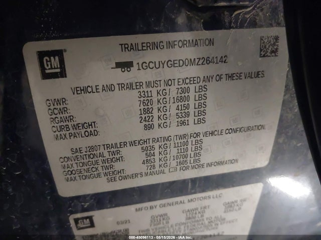 45096113 :رقم المزاد ، 1GCUYGED0MZ264142 vin ، 2021 Chevrolet Silverado 1500 4wd  Short Bed Ltz مزاد بيع