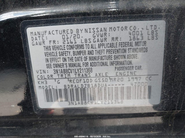 Продаж на аукціоні авто 2020 Nissan Sentra Sv Xtronic Cvt, vin: 3N1AB8CV1LY211368, номер лоту: 45096116