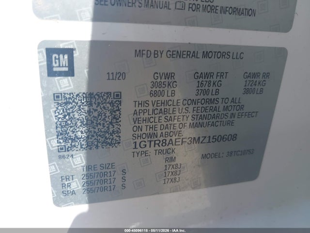 45096118 :رقم المزاد ، 1GTR8AEF3MZ150608 vin ، 2021 Gmc Sierra 1500 2wd  Standard Box مزاد بيع