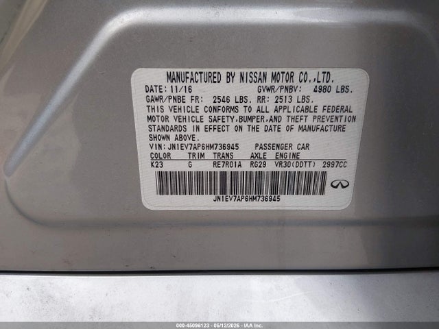 2017 Infiniti Q50 3.0t Premium მანქანა იყიდება აუქციონზე, vin: JN1EV7AP6HM736945, აუქციონის ნომერი: 45096123