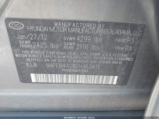 Aukcja sprzedaży 2012 Hyundai Sonata Gls, vin: 5NPEB4AC6CH462411, numer aukcji: 45096132