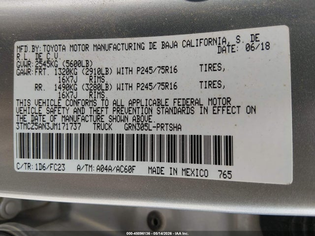 45096136 :رقم المزاد ، 3TMCZ5AN3JM171737 vin ، 2018 Toyota Tacoma Sr5 V6 مزاد بيع