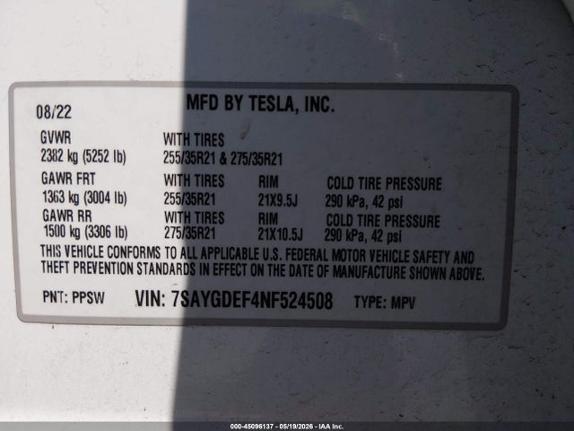 Продаж на аукціоні авто 2022 Tesla Model Y Performance Dual Motor All-wheel Drive, vin: 7SAYGDEF4NF524508, номер лоту: 45096137
