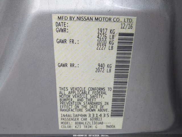 45096138 :رقم المزاد ، 1N4AL3AP4HN331435 vin ، 2017 Nissan Altima 2.5 S مزاد بيع