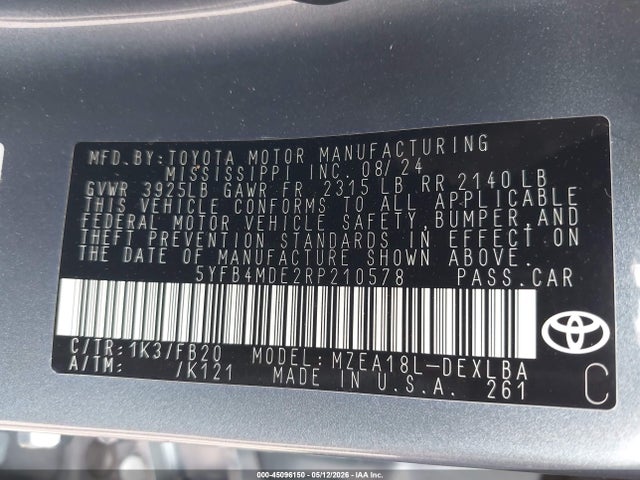 Aukcja sprzedaży 2024 Toyota Corolla Le, vin: 5YFB4MDE2RP210578, numer aukcji: 45096150