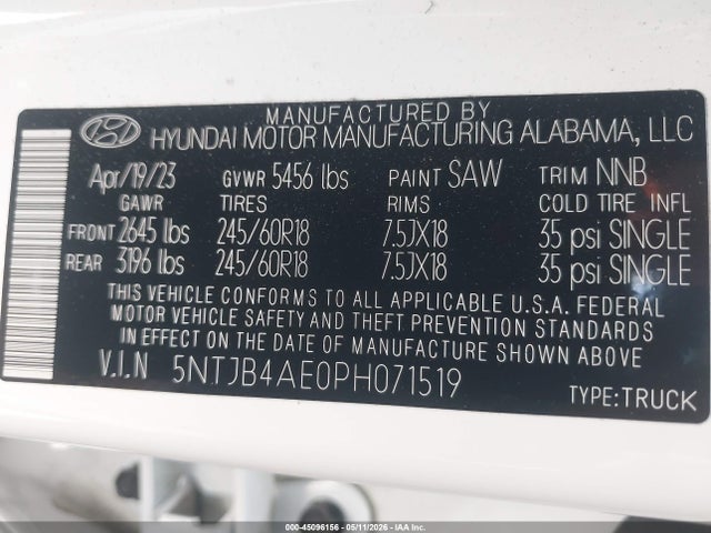 Продаж на аукціоні авто 2023 Hyundai Santa Cruz Sel, vin: 5NTJB4AE0PH071519, номер лоту: 45096156
