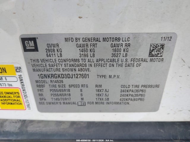 45096158 :رقم المزاد ، 1GNKRGKD3DJ127601 vin ، 2013 Chevrolet Traverse 1lt مزاد بيع