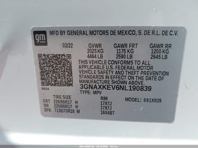Продажа на аукционе авто 2022 Chevrolet Equinox Fwd Lt, vin: 3GNAXKEV6NL190839, номер лота: 45096160
