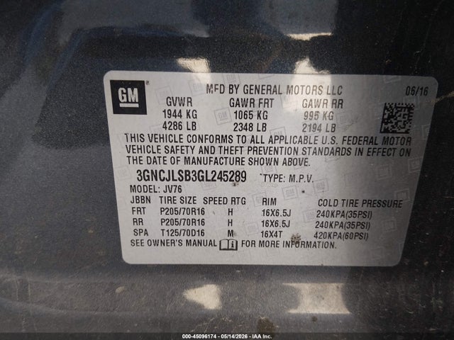 Продажа на аукционе авто 2016 Chevrolet Trax Lt, vin: 3GNCJLSB3GL245289, номер лота: 45096174