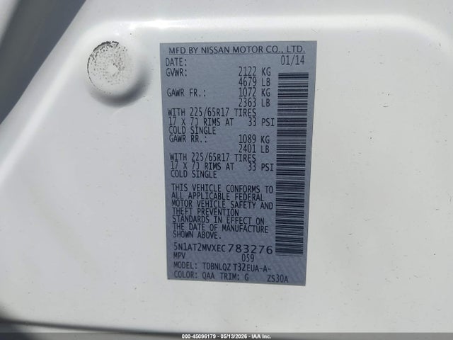Продаж на аукціоні авто 2014 Nissan Rogue Sv, vin: 5N1AT2MVXEC783276, номер лоту: 45096179